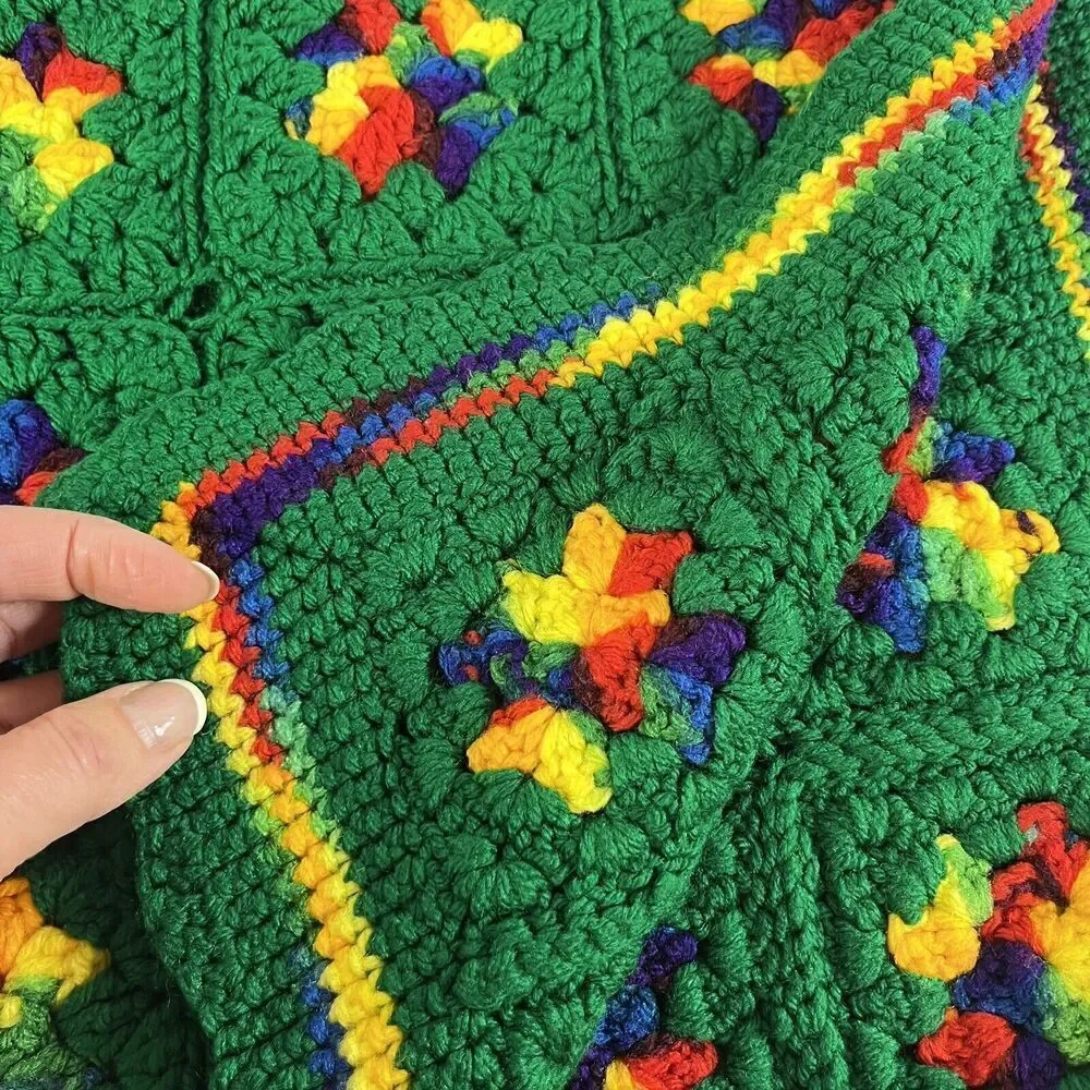 Vintage Rainbow Granny Square Thick Afghan Blanket Crochet 59